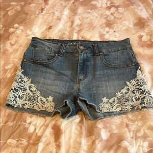 Guess Blue Jean Shorts with Distressed Lace Trim